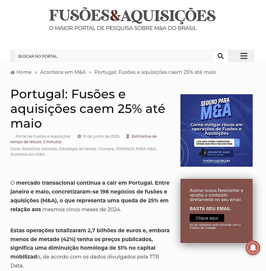 Portugal: Fuses e aquisies caem 25% at maio